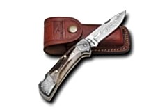 Bora 201 DMS-B Orta Boy Yuvarlak Uçlu Kilitli Damascus Çelik Boynuz Saplı Çakı